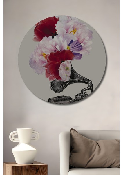 Çiçekli Nostaljik Gramofon Ahşap Mdf Dekoratif Ev/işyeri Duvar Tablo Yuvarlak Ev/işyeri Duvar Tablo