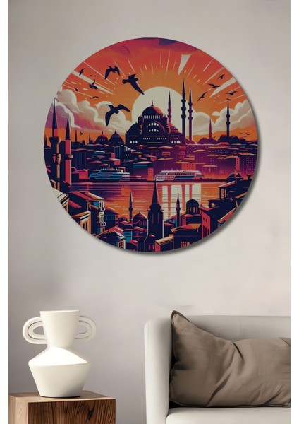 Istanbul Gün Batımı Ahşap Mdf Dekoratif Ev/işyeri Duvar Tablo Yuvarlak Ev/işyeri Duvar Tablo