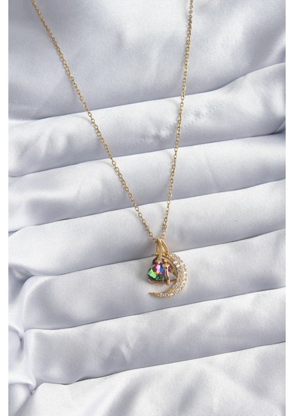 316L Çelik Zincir Gold Renk Zirkon Taşlı Hilal Kristal Kalp Model Kadın Kolye