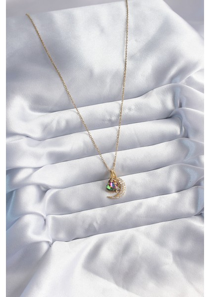 316L Çelik Zincir Gold Renk Zirkon Taşlı Hilal Kristal Kalp Model Kadın Kolye fiyatları