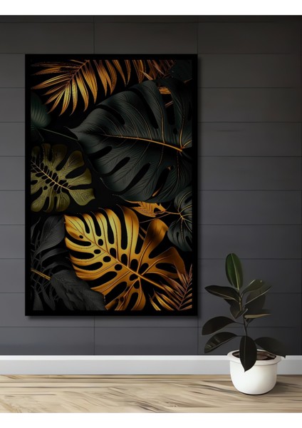 Çerçeve Görünümlü Tropikal Yaprak Dokusu Dekoratif Ahşap Mdf Dikdörtgen Ev,işyeri Duvar Tablo