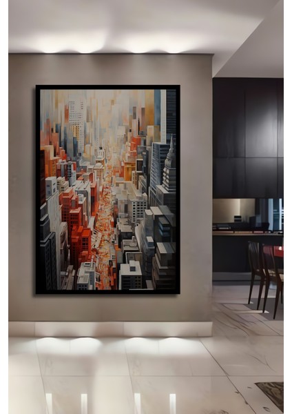 Çerçeve Görünümlü Renkli Soyut Şehir Manzarası Ahşap Mdf Dekoratif Tablo Dikdörtgen Tablo