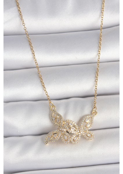 316L Çelik Gold Renk Zincir Zirkon Taşlı Kelebek Model Kadın Kolye