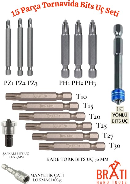 15 Parça Tornavida Bits Uç Seti (50MM Ph1-Ph2-Ph3 50MM Pz1-Pz2-Pz3 50MM T10-T15-T20-T25-T27-T30)