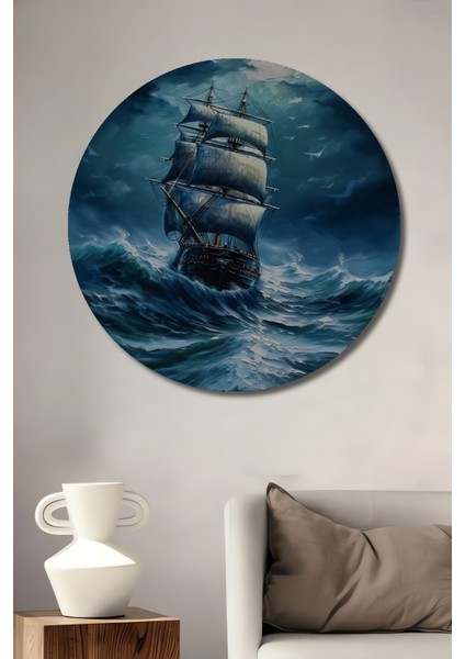 Fırtınalı Denizlerde Yelkenli Ahşap Mdf Dekoratif Tablo Yuvarlak Tablo