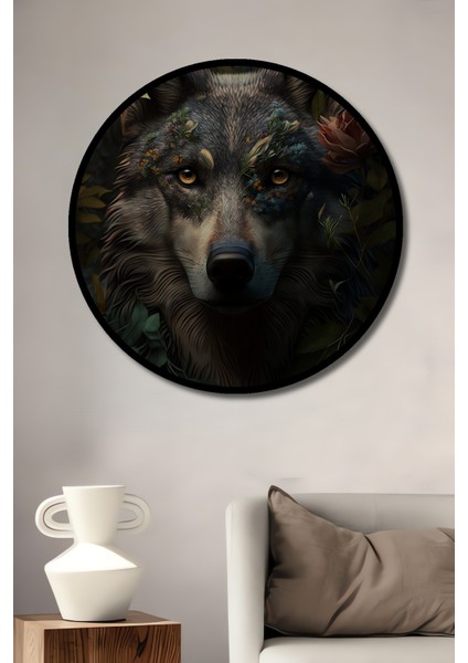 Çerçeve Görünümlü Kurt Çiçekli Dekoratif Ahşap Mdf Işyeri Duvar Tablo Yuvarlak Işyeri Duvar Tablo