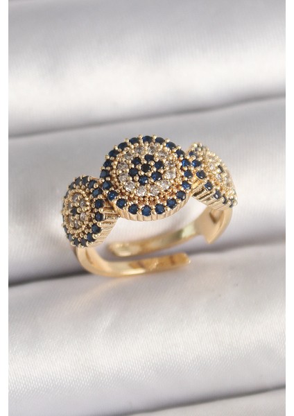 Pirinç Gold Renk Zirkon Taşlı Nazar Boncuk Model Ayarlanabilir Model Kadın Yüzük