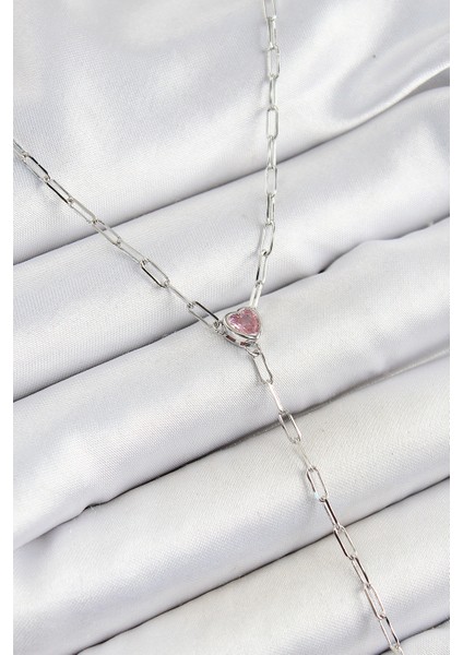 Pirinç Zirkon Taşlı Pembe Kalp Figürlü Y Model Gümüş Renk Kadın Kolye