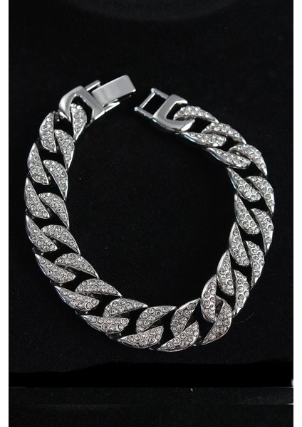 Pirinç Zirkon Taşlı Cuba Gurmet Model Gümüş Renk Erkek Bileklik