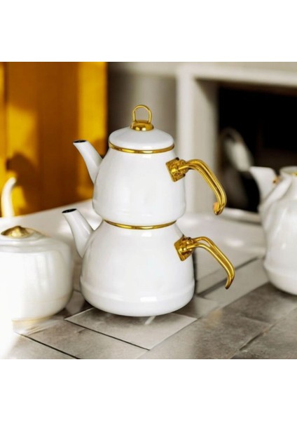 Emaye 3 Parça Paslanmaz Çelik Emaye Çaydanlık - Krem