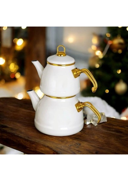 Emaye 3 Parça Paslanmaz Çelik Emaye Çaydanlık - Krem modelleri