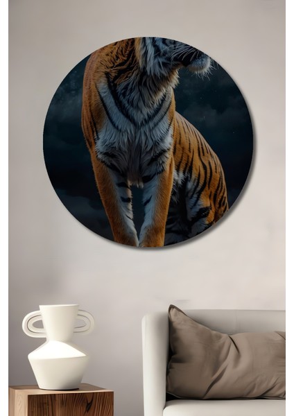 Ay Işığında Kaplan Dekoratif Ahşap Mdf Ev/işyeri Duvar Tablo Yuvarlak Ev/işyeri Duvar Tablo