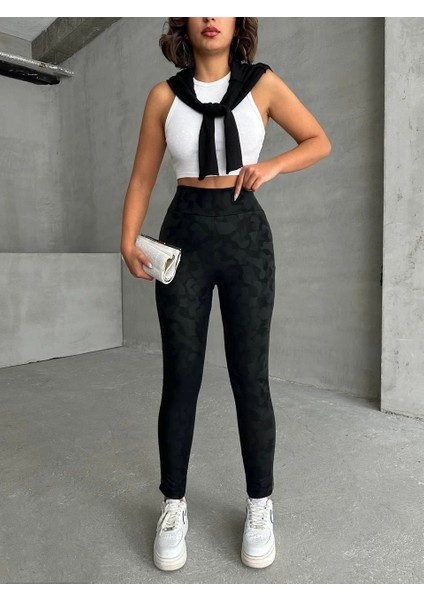 Gizli Yan Fermuarlı Bulut Desenli Tayt Siyah H248638