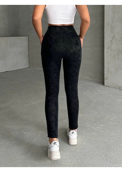 Gizli Yan Fermuarlı Bulut Desenli Tayt Siyah H248638