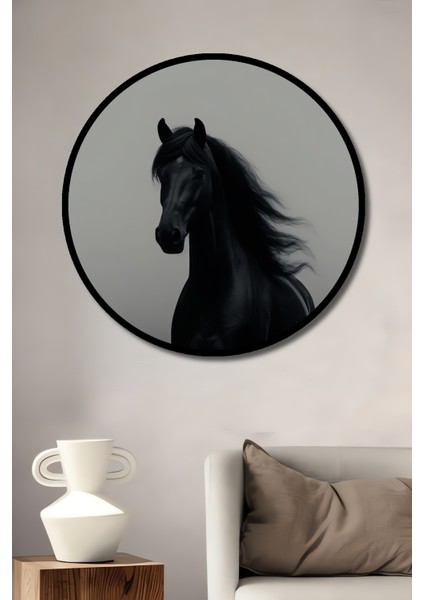 Çerçeve Görünümlü Asil Siyah At Dekoratif Ahşap Mdf Ev Duvar Tablo Yuvarlak Ev Duvar Tablo