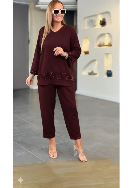 Kadın Uzun Kollu V Yakalı Pulpayet Viskon Iki Iplik Bluz ve Pantolon Takım fırsatları