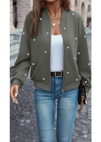 Kadın Uzun Kollu Önden Fermuarlı Incili Kısa Modal Ceket