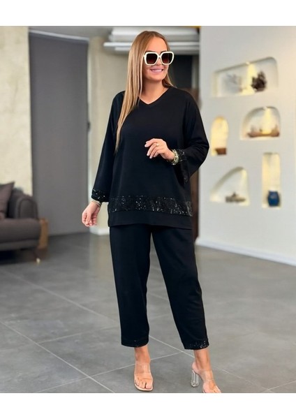 Kadın Uzun Kollu V Yakalı Pulpayet Viskon Iki Iplik Bluz ve Pantolon Takım fırsatları