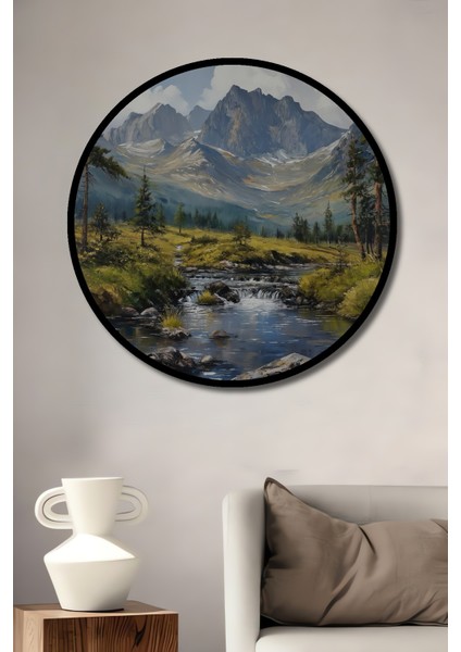 Çerçeve Görünümlü Dağ Manzaralı Dekoratif Ahşap Mdf Ev Duvar Tablo Yuvarlak Ev Duvar Tablo