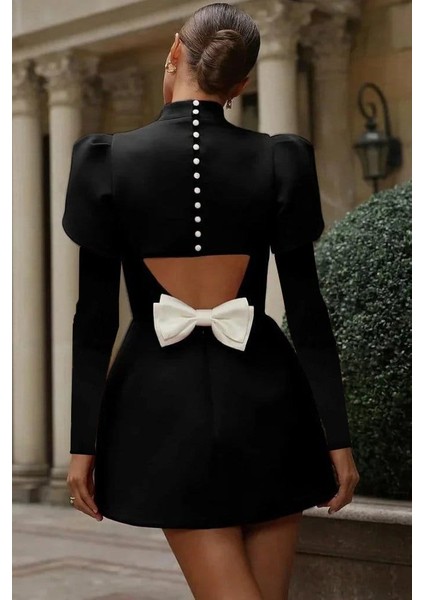 Kadın Uzun Kollu Yarı Balıkçı Yaka Arkadan Kurdela Detaylı Mini Atlas Elbise