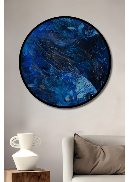 Çerçeve Görünümlü Mavi Balıklar Dekoratif Ahşap Mdf Ev Duvar Tablo Yuvarlak Ev Duvar Tablo