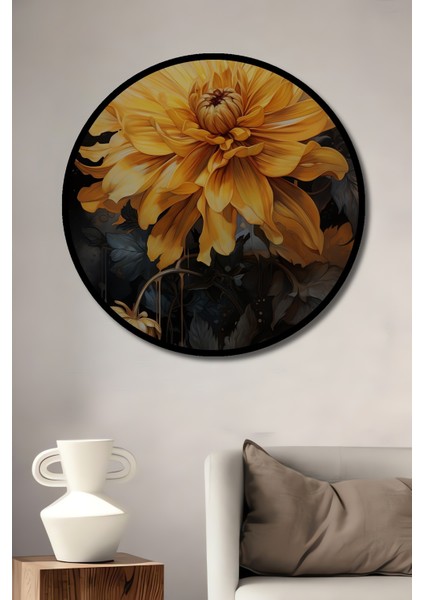Çerçeve Görünümlü Altın Bahar Çiçeği Dekoratif Ahşap Mdf Ev Duvar Tablo Yuvarlak Ev Duvar Tablo