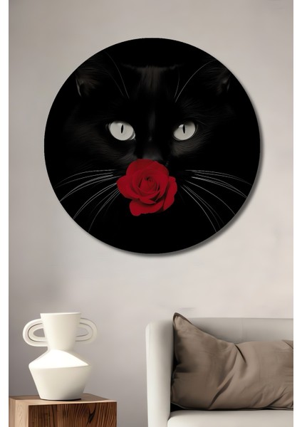Kara Kedi Gül Dekoratif Ahşap Mdf Ev/işyeri Duvar Tablo Yuvarlak Ev/işyeri Duvar Tablo