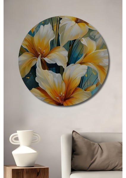 Sarı Zambaklar Dekoratif Ahşap Mdf Ev/işyeri Duvar Tablo Yuvarlak Ev/işyeri Duvar Tablo