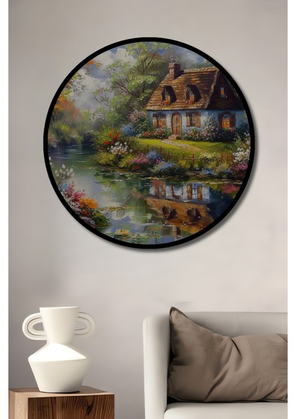 Çerçeve Görünümlü Masalsı Doğa Evleri Dekoratif Ahşap Mdf Ev Duvar Tablo Yuvarlak Ev Duvar Tablo