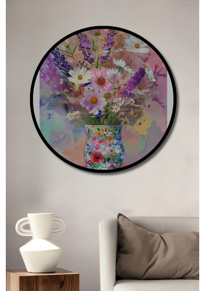 Çerçeve Görünümlü Rüya Gibi Çiçekli Ahşap Mdf Dekoratif Ev Duvar Tablo Yuvarlak Ev Duvar Tablo
