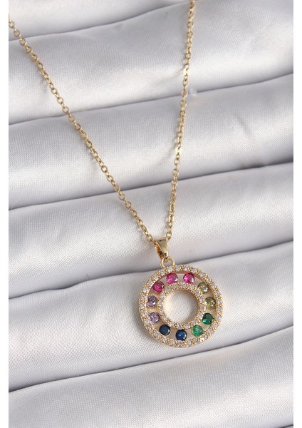 316L Çelik Gold Renk Zincir Renkli Zirkon Taşlı Madalyon Model Kadın Kolye modelleri