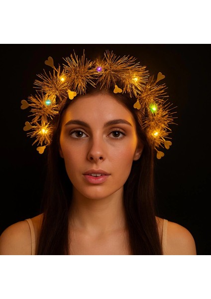 Kalp Püsküllü Gece Parıltısı 3 Modlu Led&amp;#39;li Işıklı Taç Altın Renk