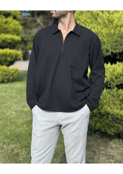 Erkek Siyah Fermuarlı Polo Yaka Cepli Sweatshirt