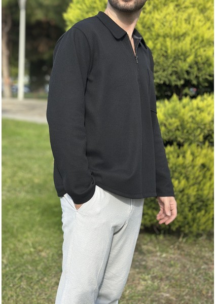 Erkek Siyah Fermuarlı Polo Yaka Cepli Sweatshirt fiyatları