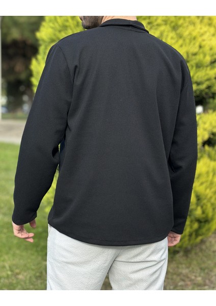 Erkek Siyah Fermuarlı Polo Yaka Cepli Sweatshirt modelleri
