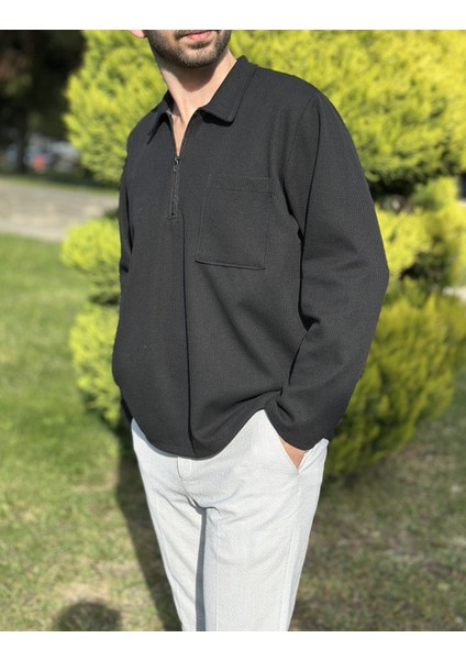 Erkek Siyah Fermuarlı Polo Yaka Cepli Sweatshirt fırsatları