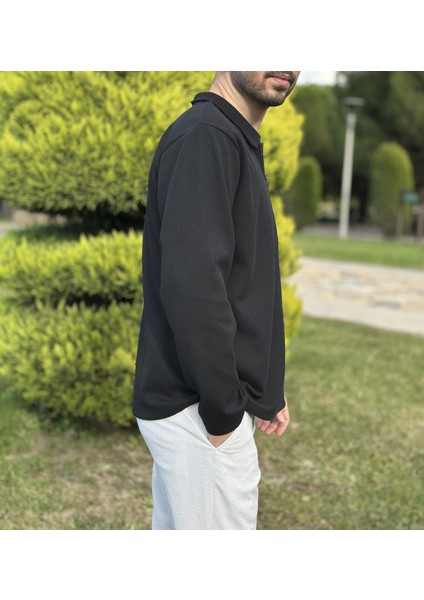 Erkek Siyah Fermuarlı Polo Yaka Cepli Sweatshirt indirimleri