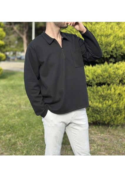 Erkek Siyah Fermuarlı Polo Yaka Cepli Sweatshirt