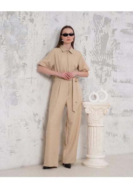 Kuşaklı Gömlek Yaka Salaş Tulum Bej S255822