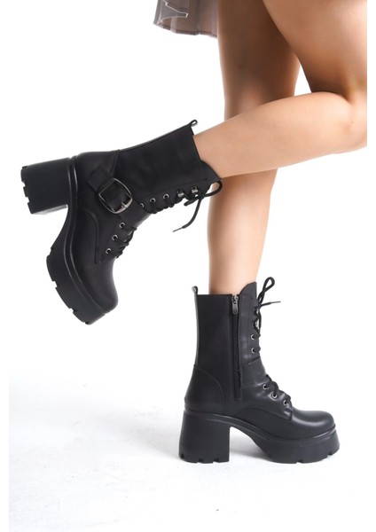 Linma Siyah Cilt Bağcıklı Topuklu Bot fiyatları