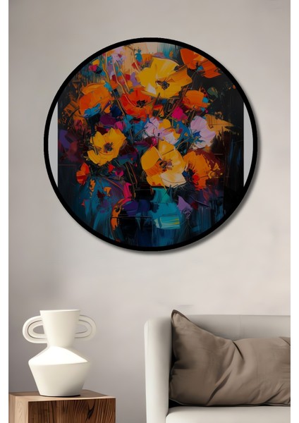 Çerçeve Görünümlü Çiçekli Vazo Dekoratif Ahşap Mdf Işyeri Duvar Tablo Yuvarlak Işyeri Duvar Tablo