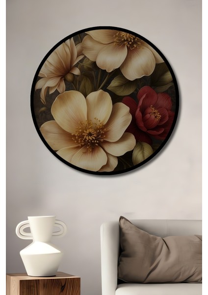 Çerçeve Görünümlü Vintage Çiçekli Dekoratif Ahşap Mdf Ev Duvar Tablo Yuvarlak Ev Duvar Tablo
