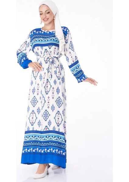 Düz Bisiklet Yaka Kadın Mavi Etnik Desenli Elbise
