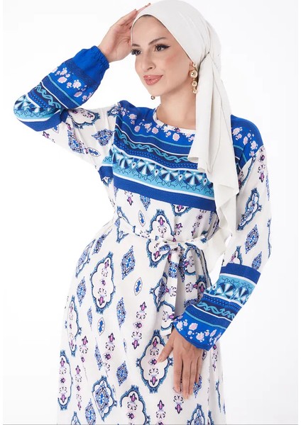 Düz Bisiklet Yaka Kadın Mavi Etnik Desenli Elbise