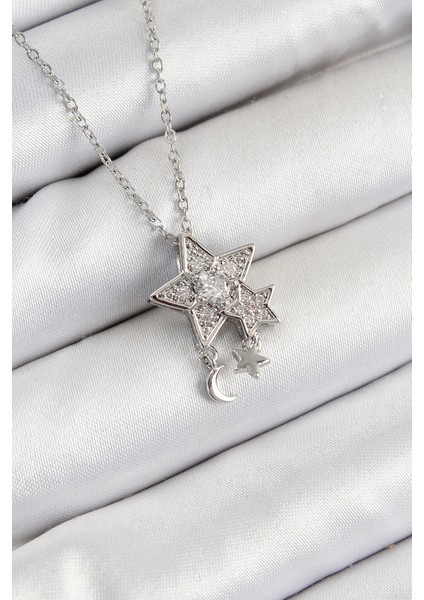 316L Çelik Zirkon Taşlı Sallantılı Yıldız Model Gümüş Renk Kadın Kolye