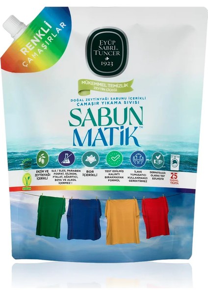 - Sabun Matik™doğal Zeytinyağlı Çamaşır Yıkama Sıvısı Renkliler 1,5 Lt