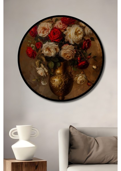 Çerçeve Görünümlü Romantik Gül Buketi Dekoratif Ahşap Mdf Ev Duvar Tablo Yuvarlak Ev Duvar Tablo