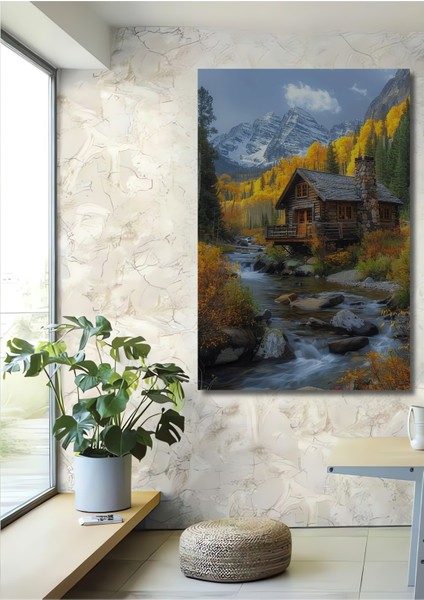 Dağ Evinde Sonbahar Manzarası Ahşap Mdf Dekoratif Tablo Dikdörtgen Tablo