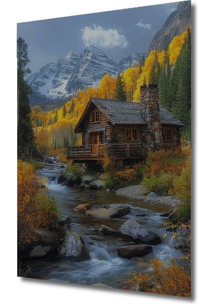 Dağ Evinde Sonbahar Manzarası Ahşap Mdf Dekoratif Tablo Dikdörtgen Tablo fiyatları