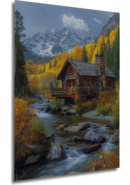 Dağ Evinde Sonbahar Manzarası Ahşap Mdf Dekoratif Tablo Dikdörtgen Tablo modelleri